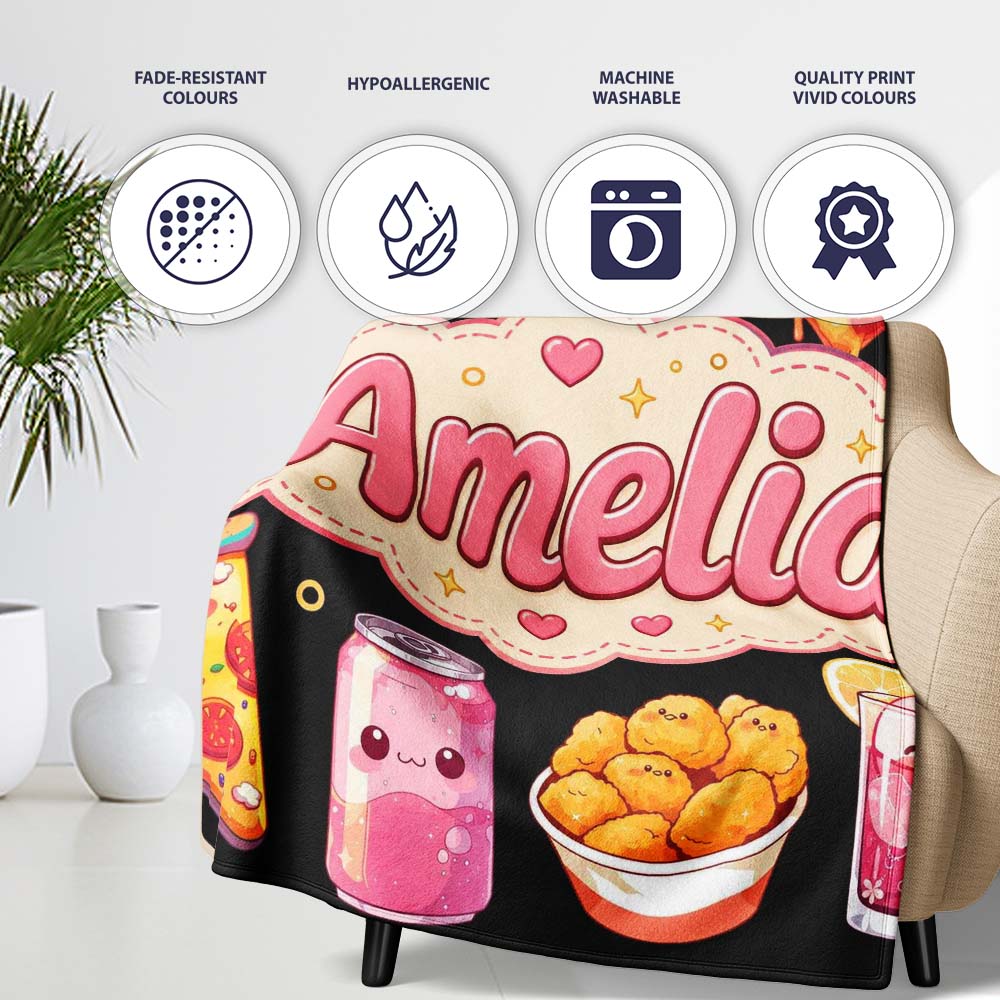 Cute Kawaii Fast Food Pattern with Pizza Fries Chicken Soda Black Personalised Custom Name Super Soft Fleece Blanket Bed Sofa Throw