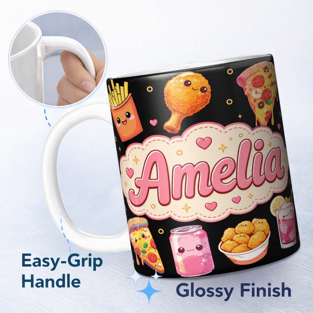 Personalized Custom Name Cute Kawaii Fast Food Pattern with Pizza Fries Chicken Soda Black 11oz Ceramic Coffee Tea Mug White Large Handle