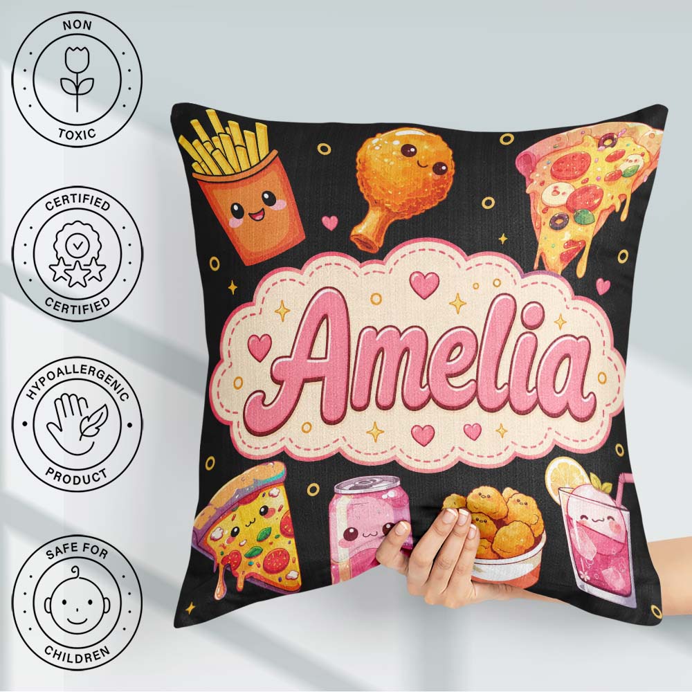Custom Name Kawaii Fast Food Pattern with Pizza Fries Soda Black Square Filled Cushion Throw Pillow Sofa Bed Home Decor Zip Washable UK Made