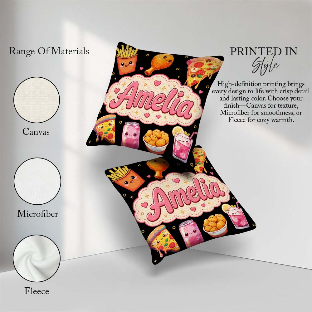 Custom Name Kawaii Fast Food Pattern with Pizza Fries Soda Black Square Filled Cushion Throw Pillow Sofa Bed Home Decor Zip Washable UK Made