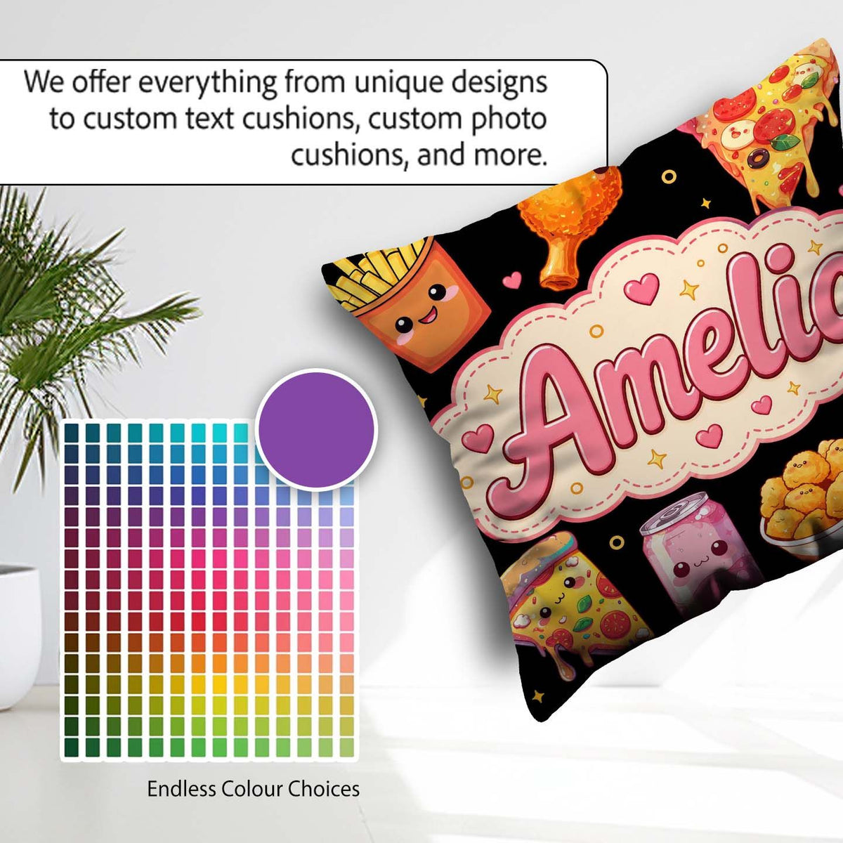 Custom Name Kawaii Fast Food Pattern with Pizza Fries Soda Black Square Filled Cushion Throw Pillow Sofa Bed Home Decor Zip Washable UK Made