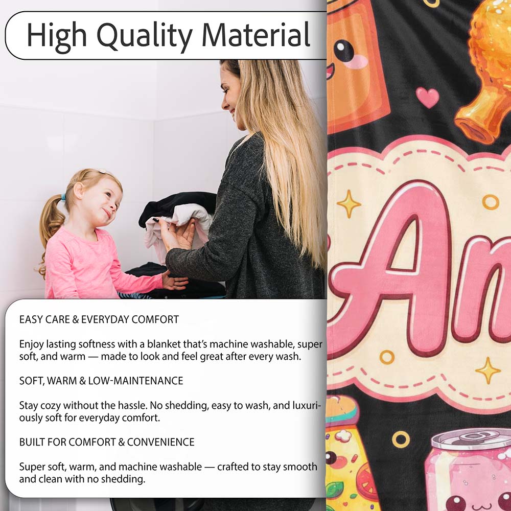 Cute Kawaii Fast Food Pattern with Pizza Fries Chicken Soda Black Personalised Custom Name Super Soft Fleece Blanket Bed Sofa Throw