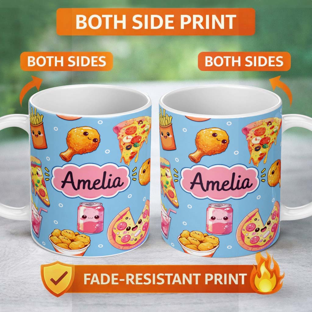 Personalized Custom Name Cute Kawaii Fast Food Pattern with Pizza Fries Chicken Soda Blue 11oz Ceramic Coffee Tea Mug White Large Handle