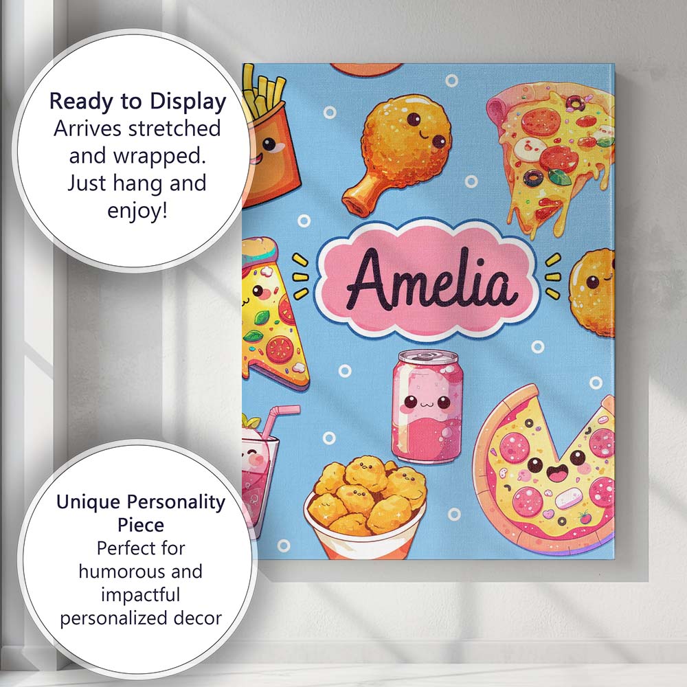 Personalised Name Cute Kawaii Fast Food Custom Modern Room Accent Elegant Feature Canvas Wall Art Print Decor Picture Ready to Hang
