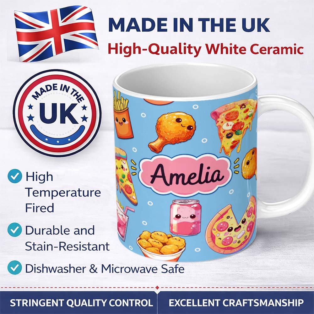 Personalized Custom Name Cute Kawaii Fast Food Pattern with Pizza Fries Chicken Soda Blue 11oz Ceramic Coffee Tea Mug White Large Handle