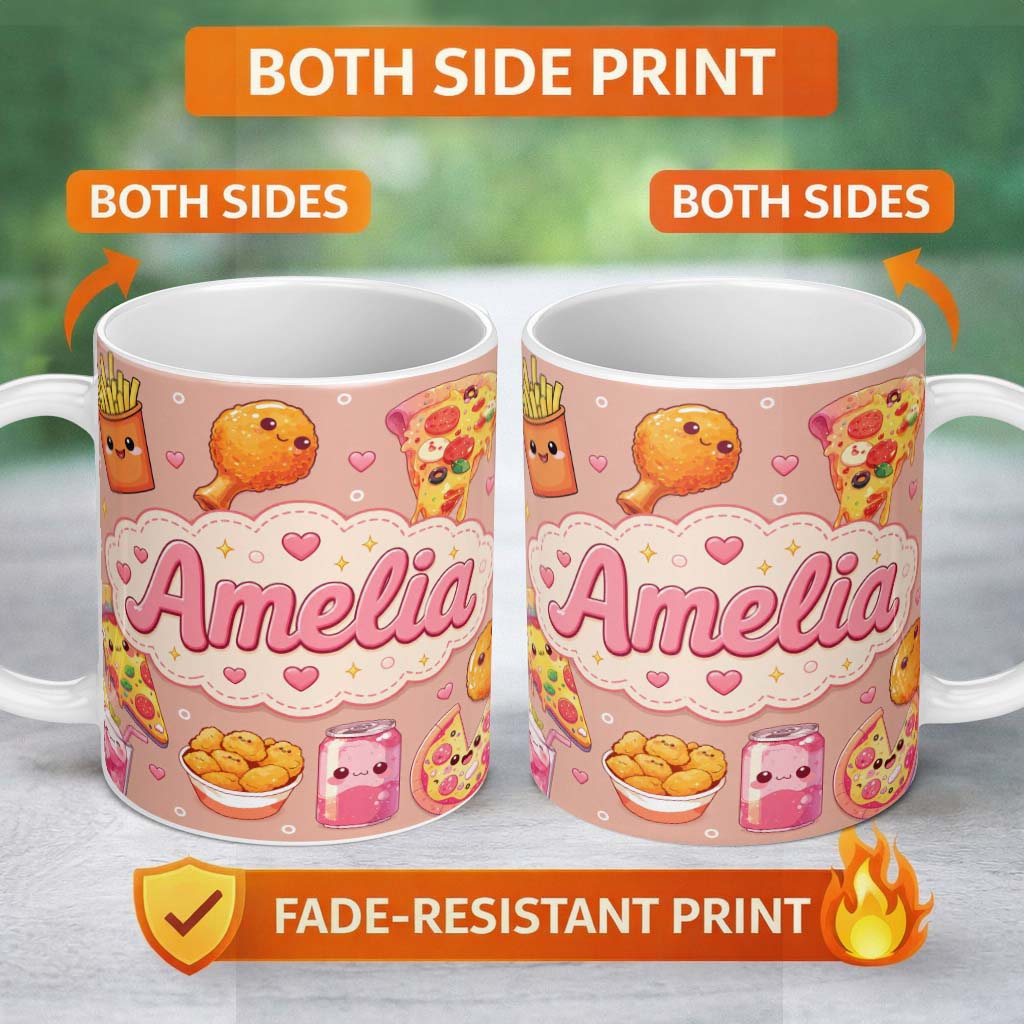 Personalized Custom Name Cute Kawaii Fast Food Pattern with Pizza Fries Chicken Soda Beige 11oz Ceramic Coffee Tea Mug White Large Handle