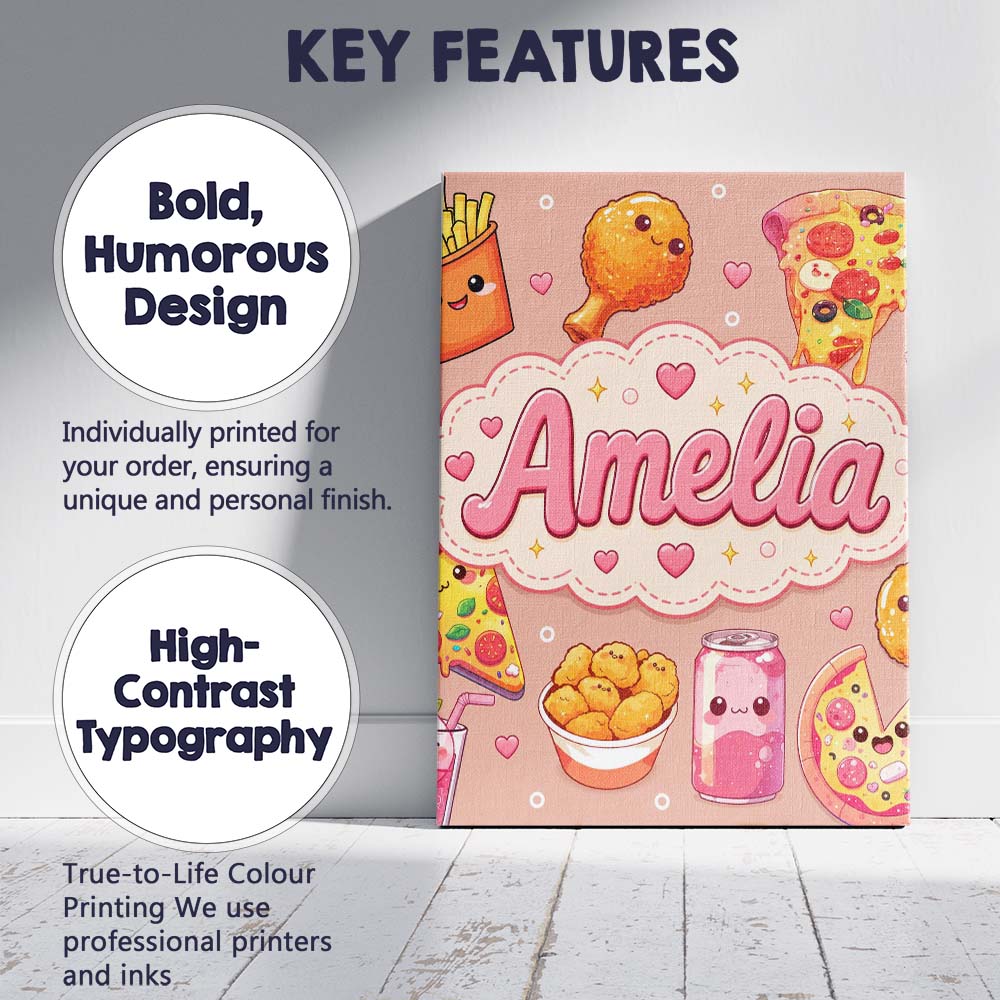 Personalised Name Cute Kawaii Fast Food Custom Modern Room Accent Elegant Feature Canvas Wall Art Print Decor Picture Ready to Hang