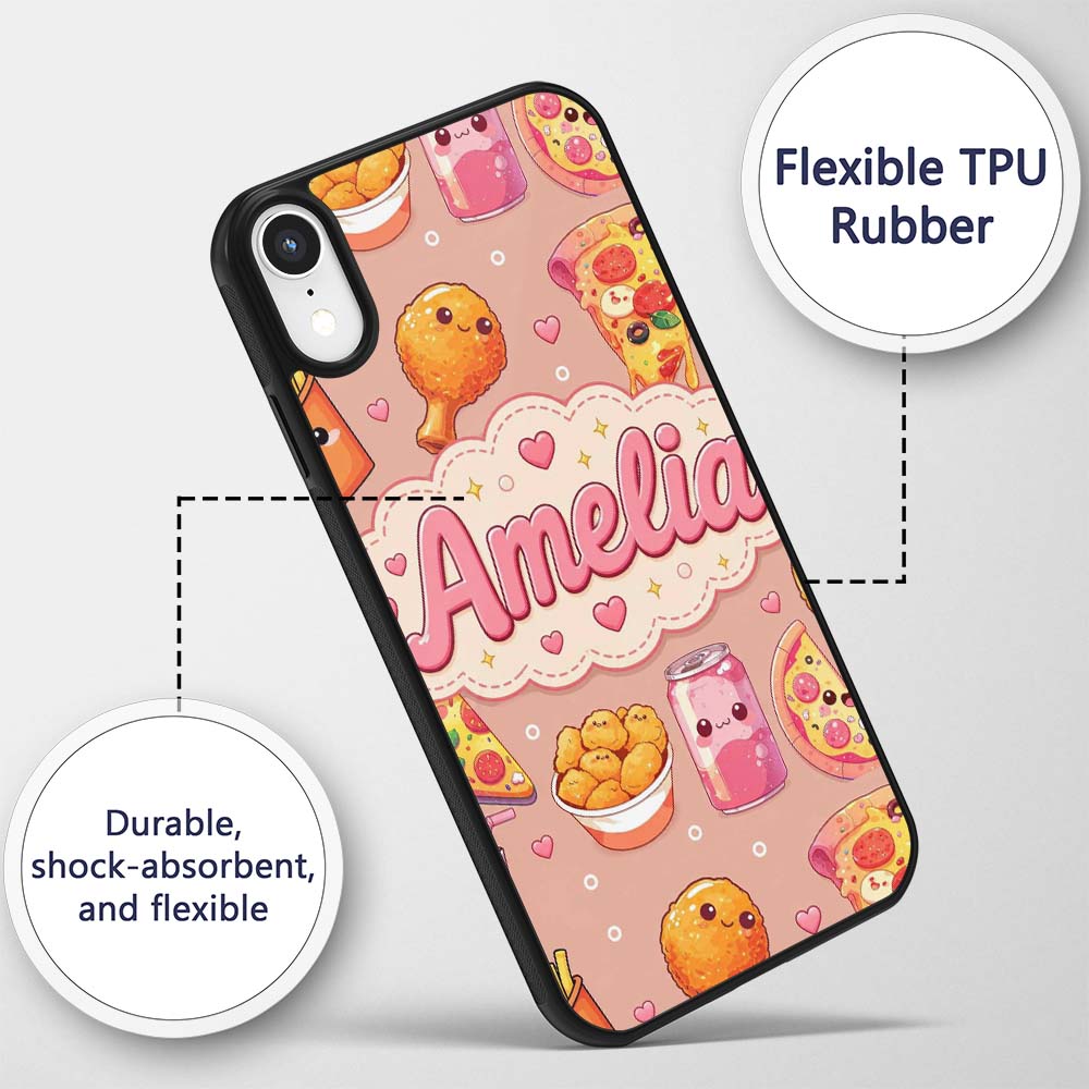 Cute Kawaii Fast Food Pattern with Pizza Fries Custom Name Protective Phone Case Mobile Cover Durable Everyday Smartphone Shock Resistant