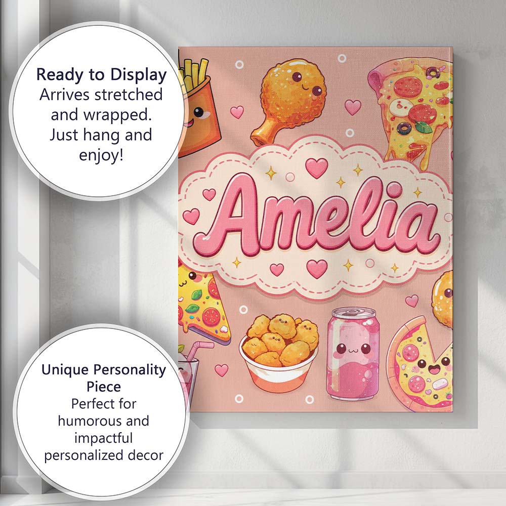 Personalised Name Cute Kawaii Fast Food Custom Modern Room Accent Elegant Feature Canvas Wall Art Print Decor Picture Ready to Hang