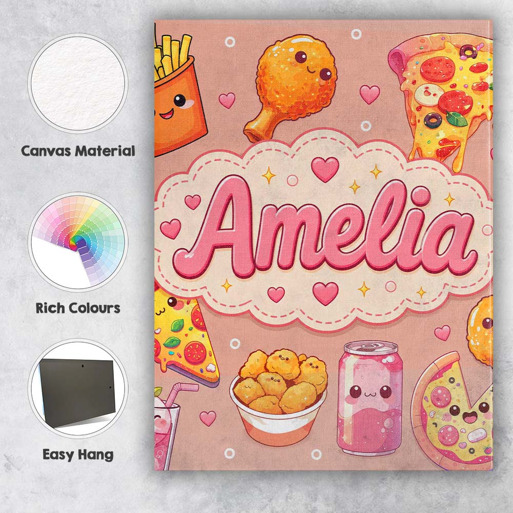 Personalised Name Cute Kawaii Fast Food Custom Modern Room Accent Elegant Feature Canvas Wall Art Print Decor Picture Ready to Hang