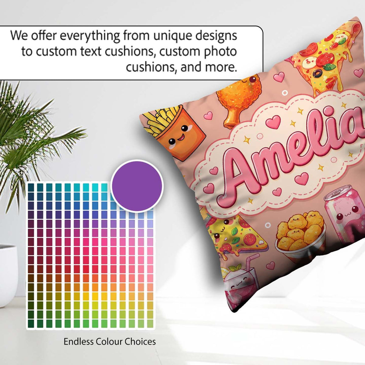 Custom Name Kawaii Fast Food Pattern with Pizza Fries Soda Beige Square Filled Cushion Throw Pillow Sofa Bed Home Decor Zip Washable UK Made