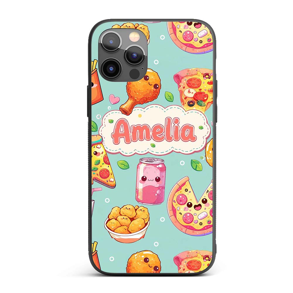 Cute Kawaii Fast Food Pattern with Pizza Fries Custom Name Protective Phone Case Mobile Cover Durable Everyday Smartphone Shock Resistant