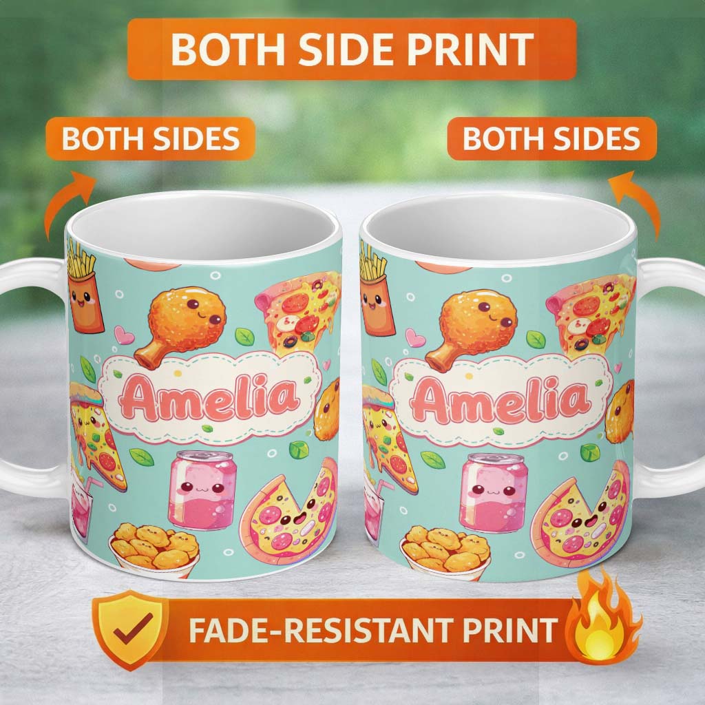Personalized Custom Name Cute Kawaii Fast Food Pattern with Pizza Fries Chicken Soda Mint 11oz Ceramic Coffee Tea Mug White Large Handle