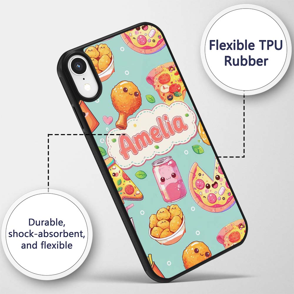 Cute Kawaii Fast Food Pattern with Pizza Fries Custom Name Protective Phone Case Mobile Cover Durable Everyday Smartphone Shock Resistant