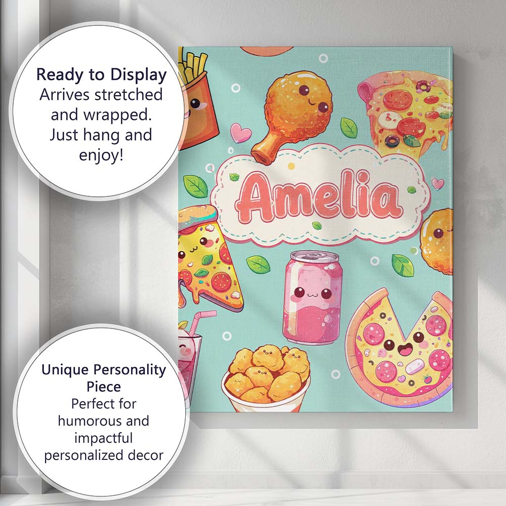 Personalised Name Cute Kawaii Fast Food Custom Modern Room Accent Elegant Feature Canvas Wall Art Print Decor Picture Ready to Hang