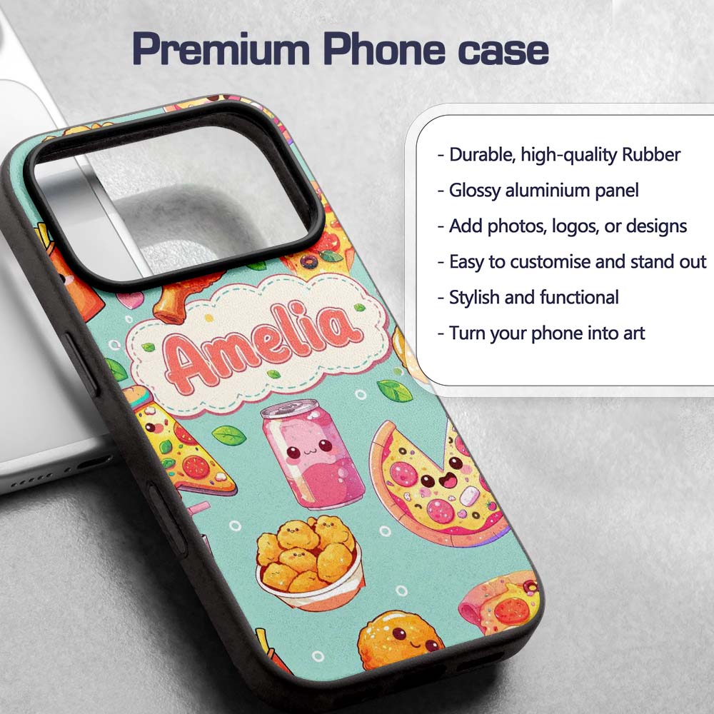 Cute Kawaii Fast Food Pattern with Pizza Fries Custom Name Protective Phone Case Mobile Cover Durable Everyday Smartphone Shock Resistant