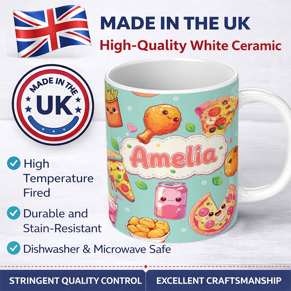 Personalized Custom Name Cute Kawaii Fast Food Pattern with Pizza Fries Chicken Soda Mint 11oz Ceramic Coffee Tea Mug White Large Handle
