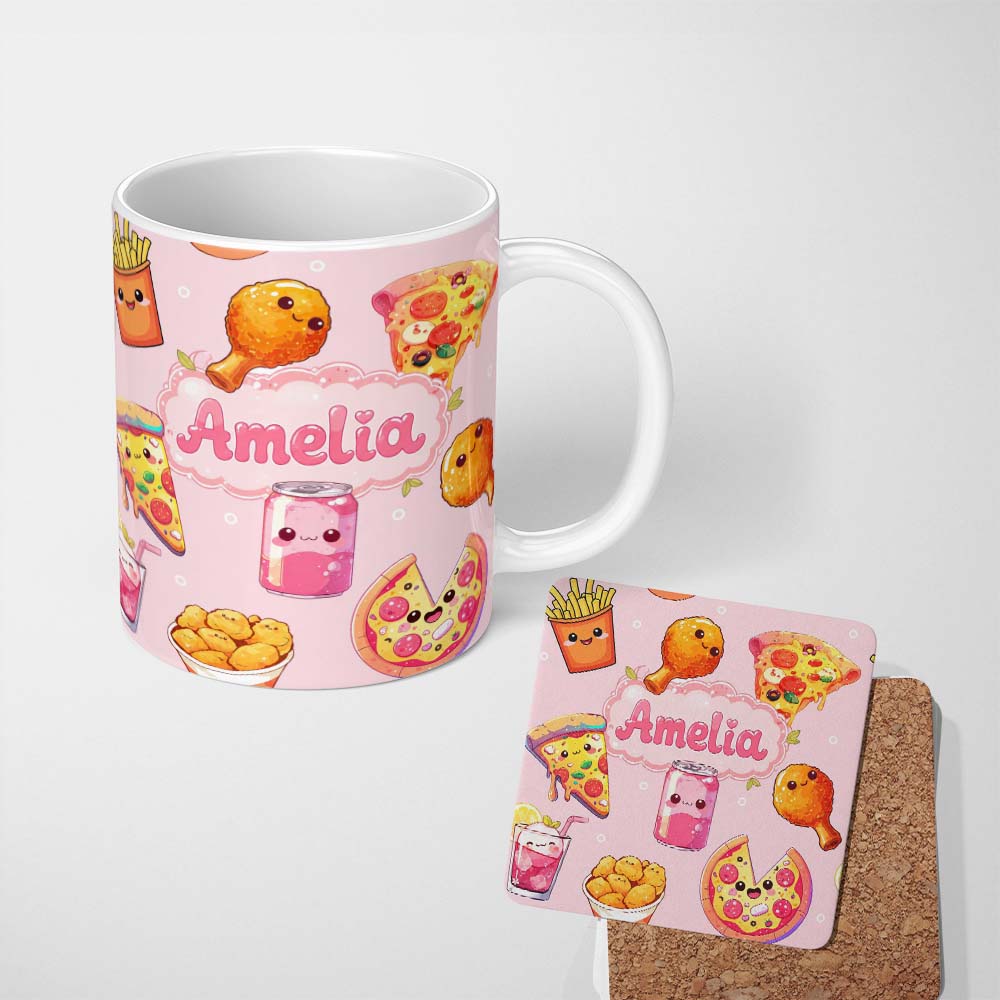 Personalized Custom Name Cute Kawaii Fast Food Pattern with Pizza Chicken Soda Light Pink 11oz Ceramic Coffee Tea Mug White Large Handle
