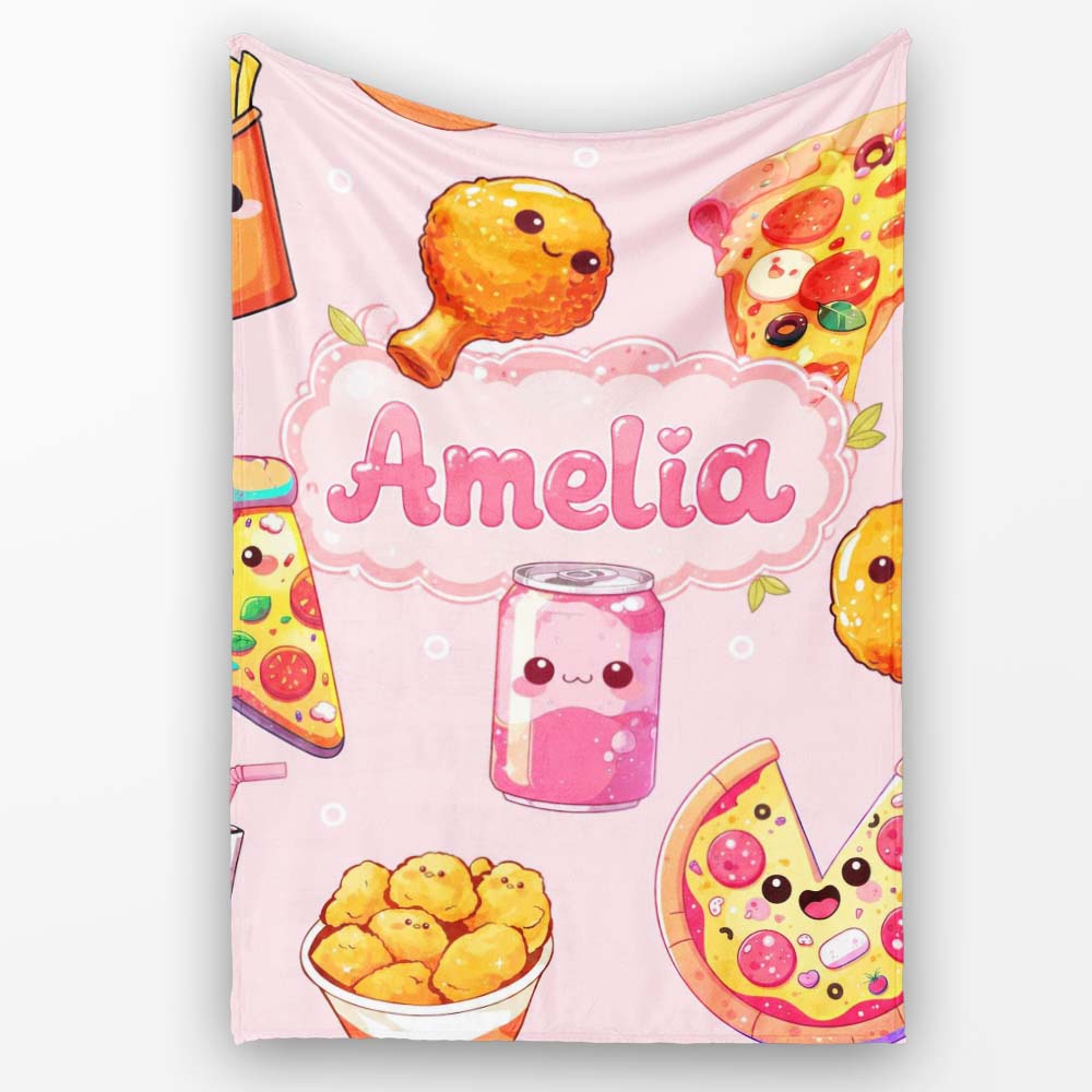 Cute Kawaii Fast Food Pattern with Pizza Chicken Soda Light Pink Personalised Custom Name Super Soft Fleece Blanket Bed Sofa Throw