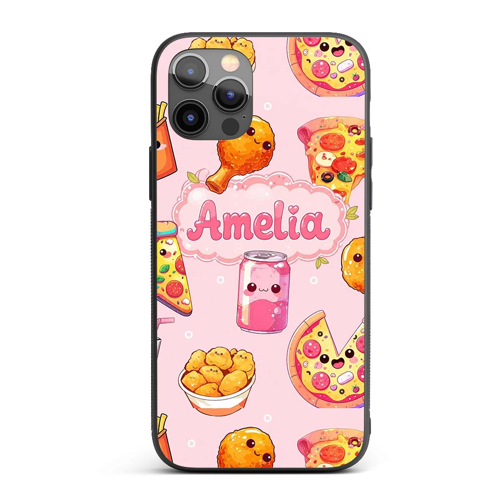 Cute Kawaii Fast Food Pattern with Pizza Chicken Custom Name Protective Phone Case Mobile Cover Durable Everyday Smartphone Shock Resistant