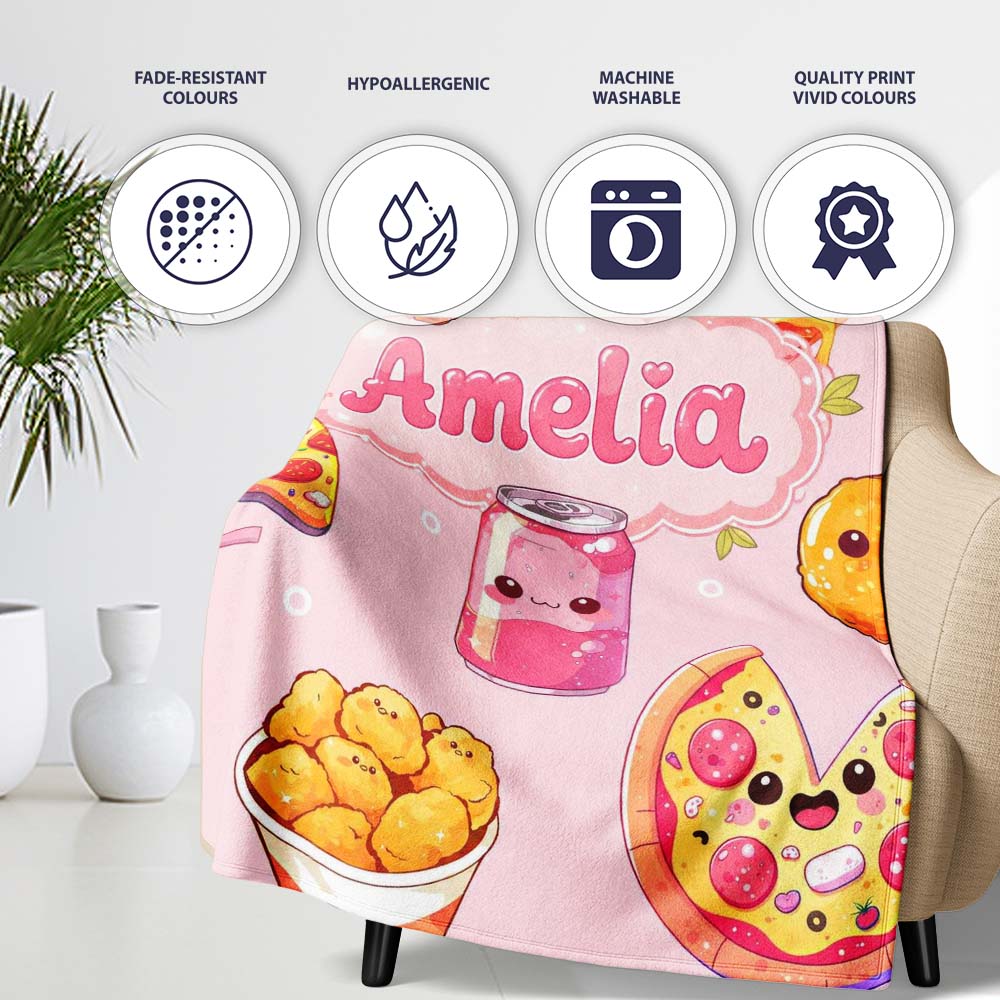 Cute Kawaii Fast Food Pattern with Pizza Chicken Soda Light Pink Personalised Custom Name Super Soft Fleece Blanket Bed Sofa Throw