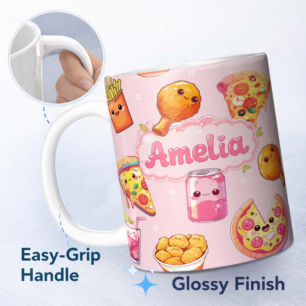 Personalized Custom Name Cute Kawaii Fast Food Pattern with Pizza Chicken Soda Light Pink 11oz Ceramic Coffee Tea Mug White Large Handle