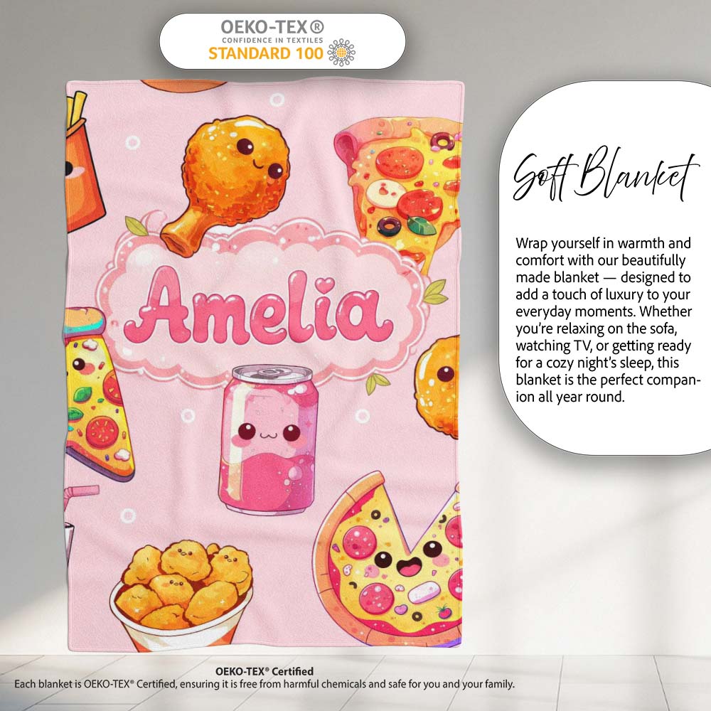 Cute Kawaii Fast Food Pattern with Pizza Chicken Soda Light Pink Personalised Custom Name Super Soft Fleece Blanket Bed Sofa Throw
