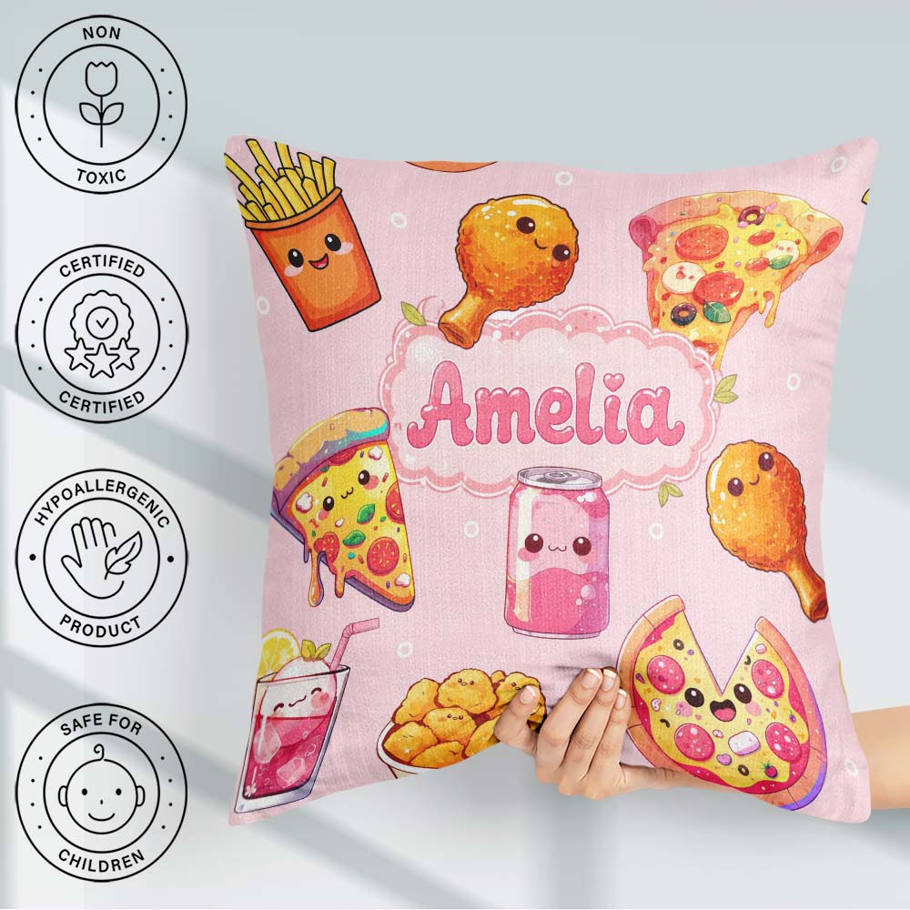 Custom Name Fast Food Pattern with Pizza Chicken Soda Light Pink Square Filled Cushion Throw Pillow Sofa Bed Home Decor Zip Washable UK Made