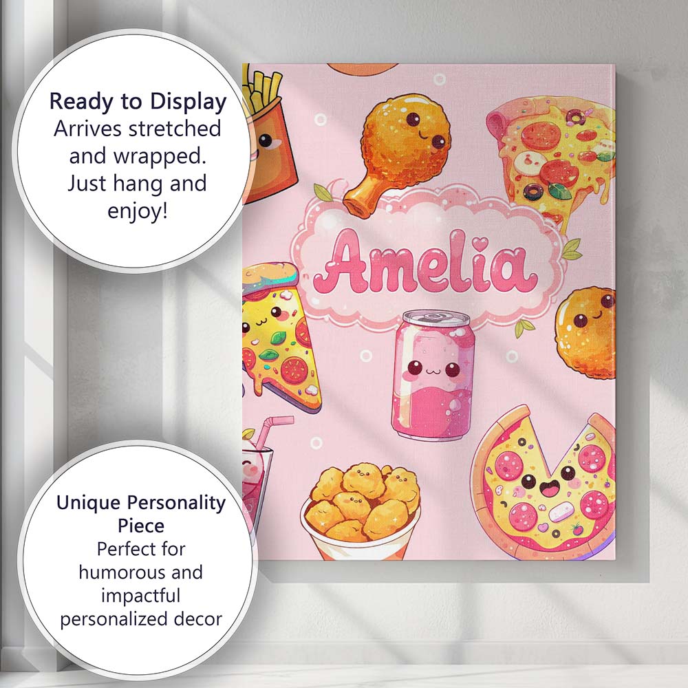 Personalised Name Cute Kawaii Fast Food Custom Modern Room Accent Elegant Feature Canvas Wall Art Print Decor Picture Ready to Hang