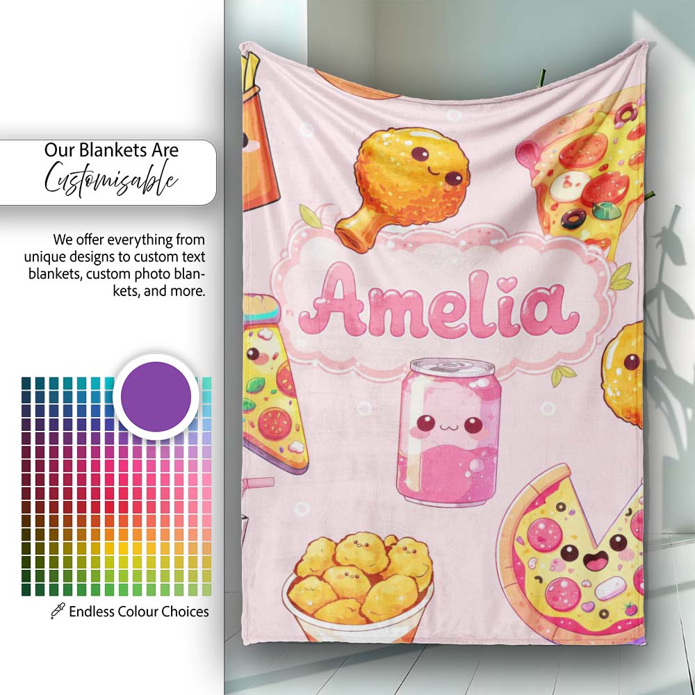 Cute Kawaii Fast Food Pattern with Pizza Chicken Soda Light Pink Personalised Custom Name Super Soft Fleece Blanket Bed Sofa Throw