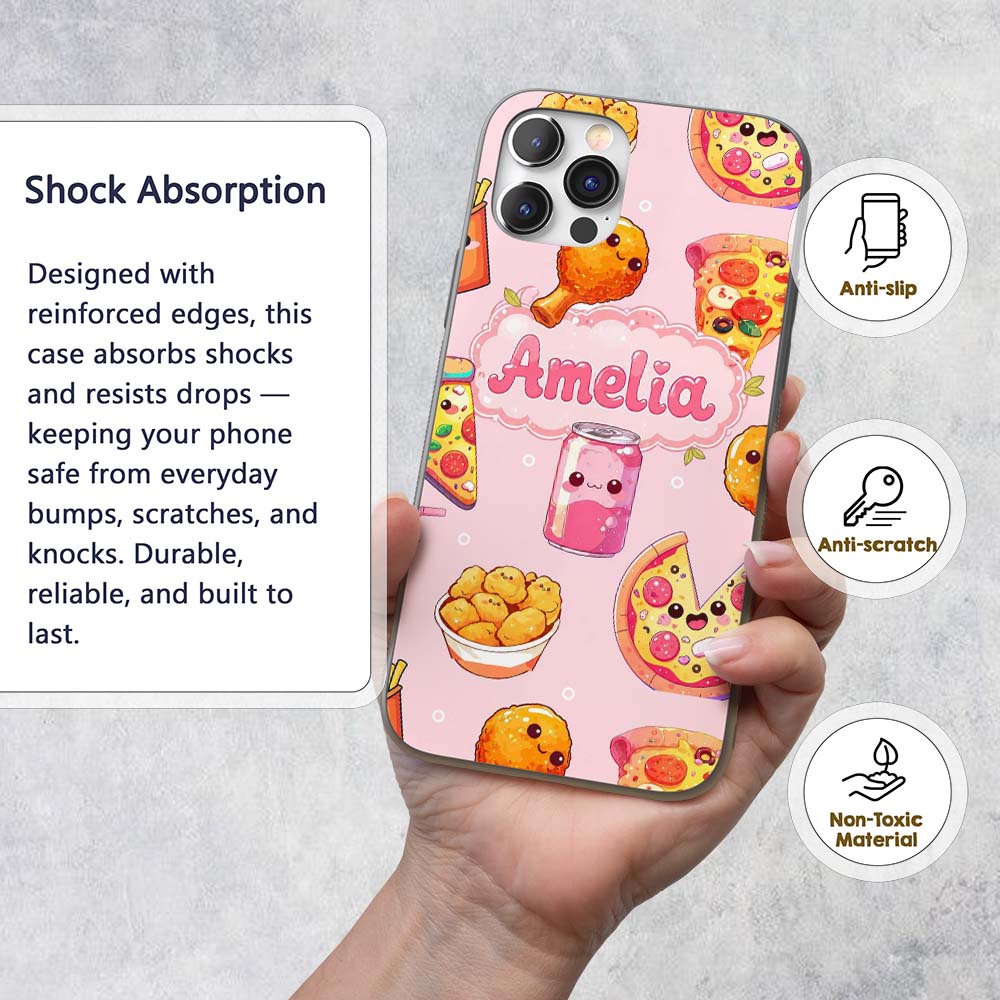 Cute Kawaii Fast Food Pattern with Pizza Chicken Custom Name Protective Phone Case Mobile Cover Durable Everyday Smartphone Shock Resistant