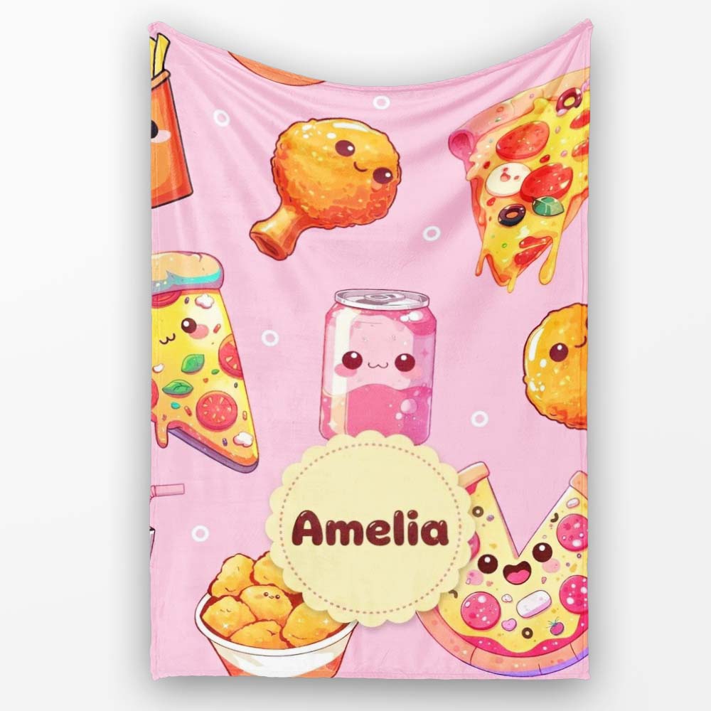 Cute Kawaii Fast Food Pattern with Pizza Chicken Soda Soft Pink Personalised Custom Name Super Soft Fleece Blanket Bed Sofa Throw
