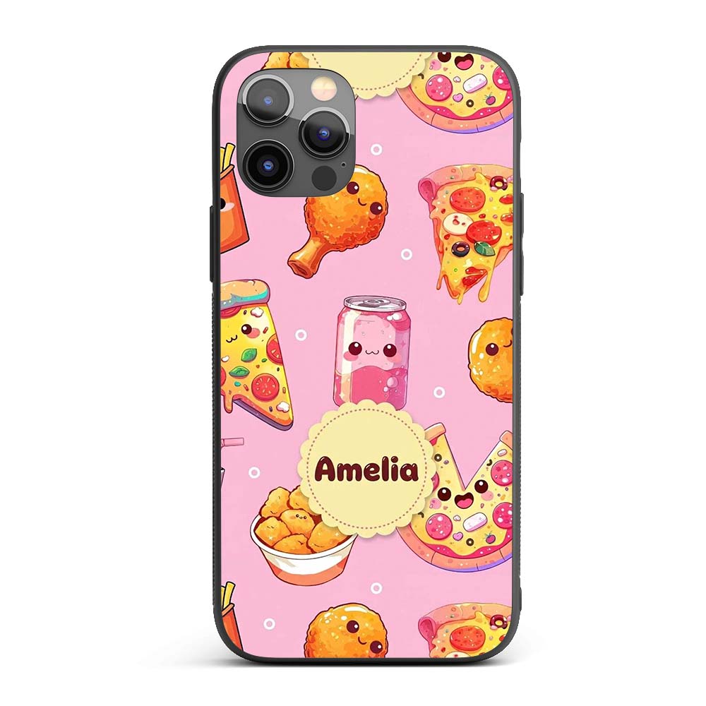 Cute Kawaii Fast Food Pattern with Pizza Chicken Custom Name Protective Phone Case Mobile Cover Durable Everyday Smartphone Shock Resistant