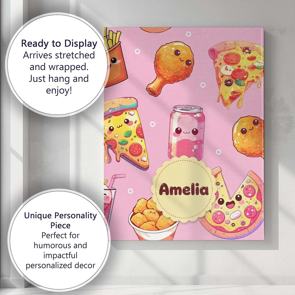 Personalised Name Cute Kawaii Fast Food Custom Modern Room Accent Elegant Feature Canvas Wall Art Print Decor Picture Ready to Hang