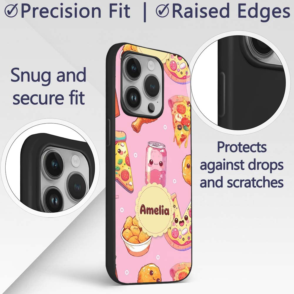 Cute Kawaii Fast Food Pattern with Pizza Chicken Custom Name Protective Phone Case Mobile Cover Durable Everyday Smartphone Shock Resistant