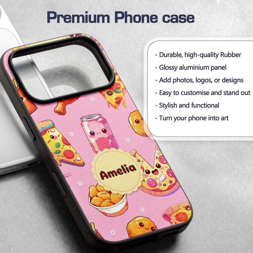 Cute Kawaii Fast Food Pattern with Pizza Chicken Custom Name Protective Phone Case Mobile Cover Durable Everyday Smartphone Shock Resistant