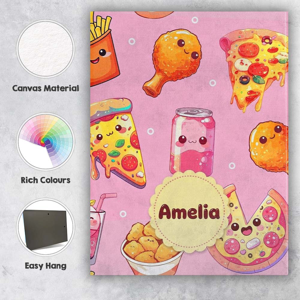 Personalised Name Cute Kawaii Fast Food Custom Modern Room Accent Elegant Feature Canvas Wall Art Print Decor Picture Ready to Hang