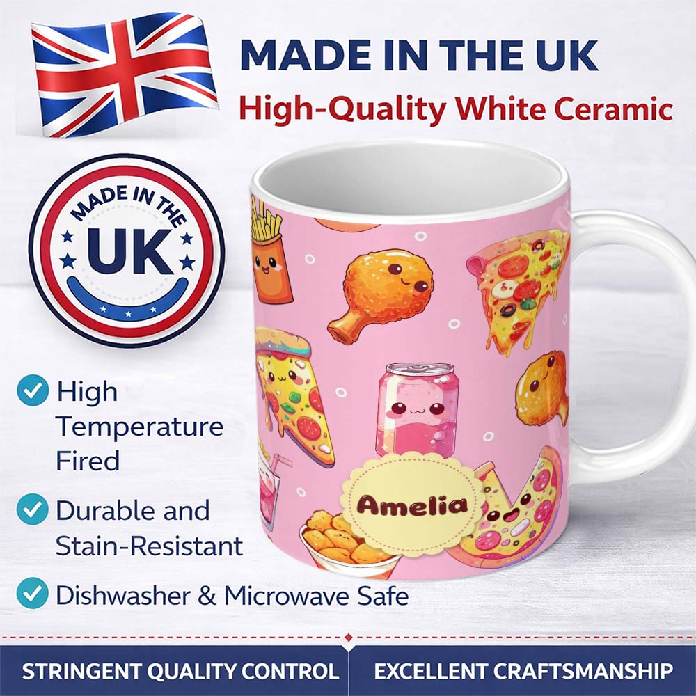 Personalized Custom Name Cute Kawaii Fast Food Pattern with Pizza Chicken Soda Soft Pink 11oz Ceramic Coffee Tea Mug White Large Handle