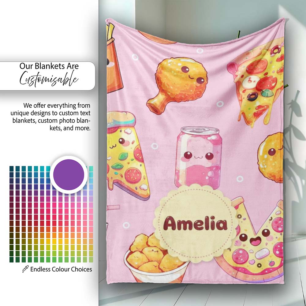 Cute Kawaii Fast Food Pattern with Pizza Chicken Soda Soft Pink Personalised Custom Name Super Soft Fleece Blanket Bed Sofa Throw