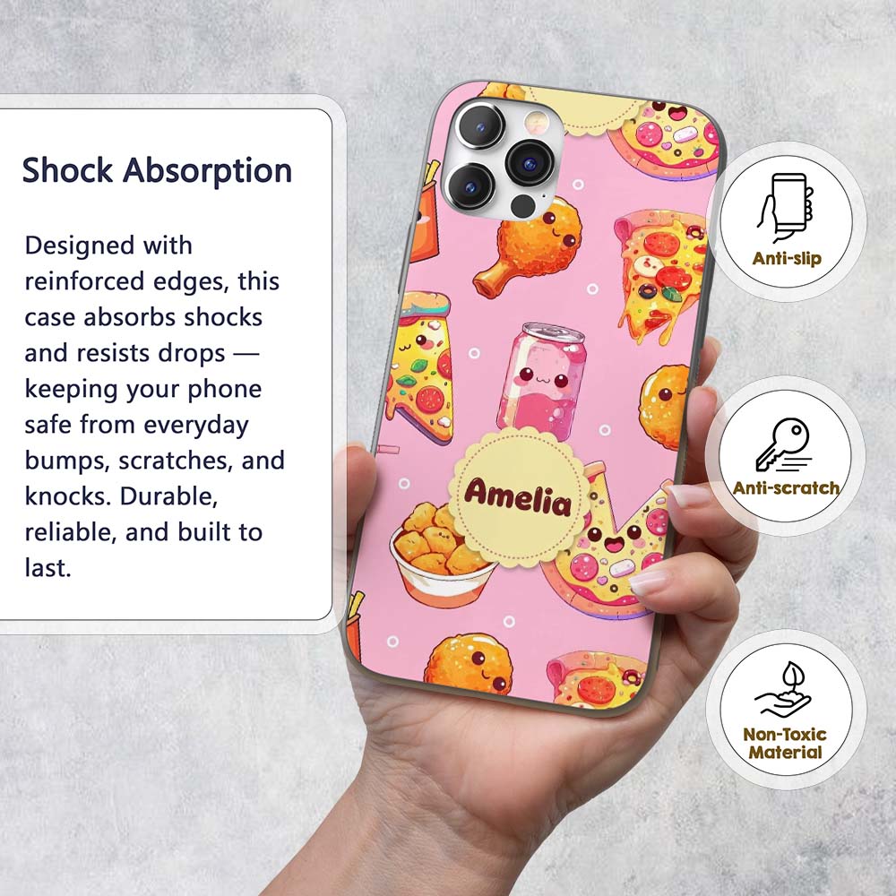 Cute Kawaii Fast Food Pattern with Pizza Chicken Custom Name Protective Phone Case Mobile Cover Durable Everyday Smartphone Shock Resistant