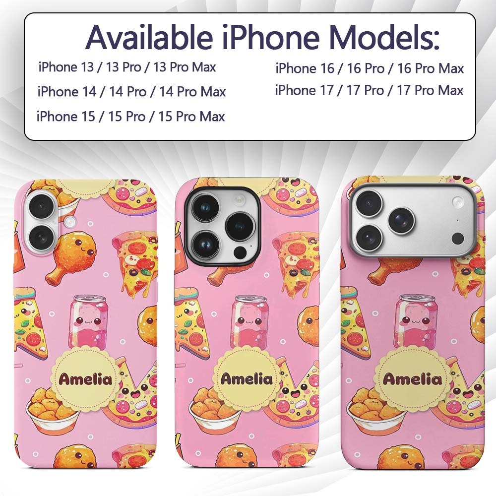 Cute Kawaii Fast Food Pattern with Pizza Chicken Custom Name Protective Phone Case Mobile Cover Durable Everyday Smartphone Shock Resistant
