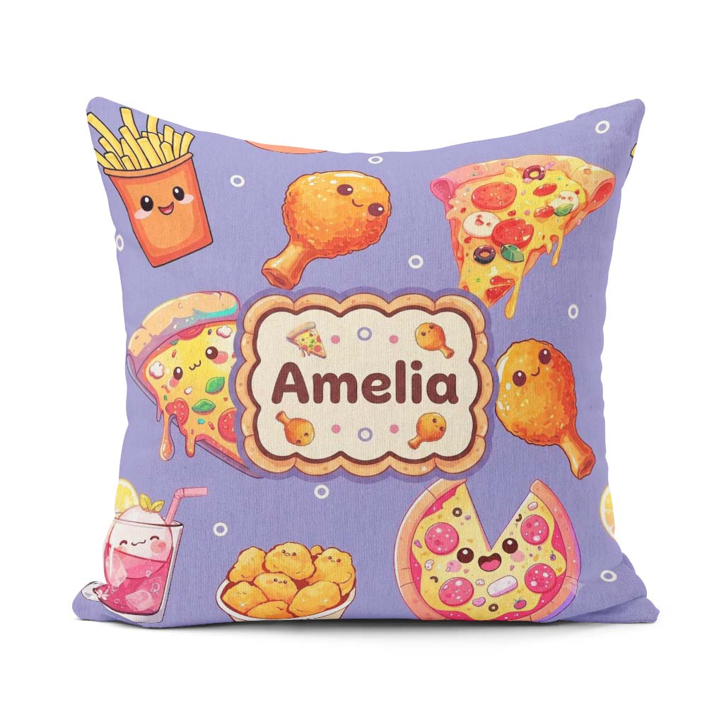 Custom Name Cute Fast Food Pattern with Pizza Fries Chicken Soda Square Filled Cushion Throw Pillow Sofa Bed Home Decor Zip Washable UK Made