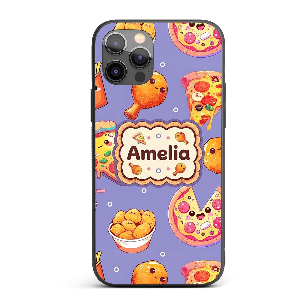 Cute Kawaii Fast Food Pattern with Pizza Fries Custom Name Protective Phone Case Mobile Cover Durable Everyday Smartphone Shock Resistant