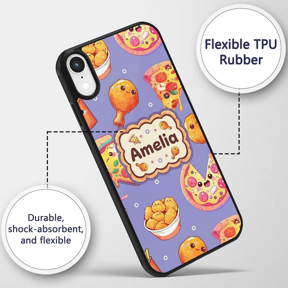 Cute Kawaii Fast Food Pattern with Pizza Fries Custom Name Protective Phone Case Mobile Cover Durable Everyday Smartphone Shock Resistant