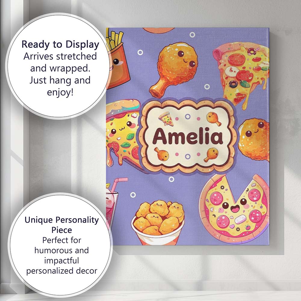 Personalised Name Cute Kawaii Fast Food Custom Modern Room Accent Elegant Feature Canvas Wall Art Print Decor Picture Ready to Hang