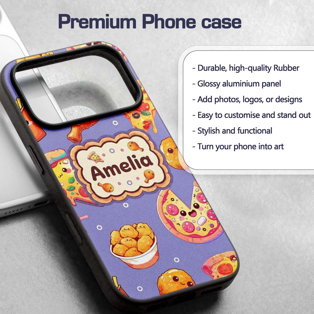 Cute Kawaii Fast Food Pattern with Pizza Fries Custom Name Protective Phone Case Mobile Cover Durable Everyday Smartphone Shock Resistant