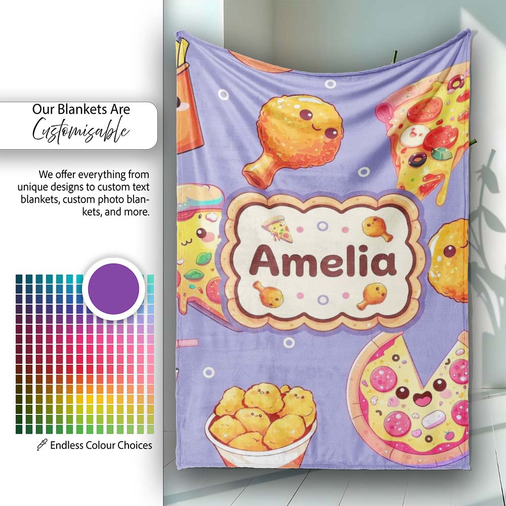 Cute Kawaii Fast Food Pattern with Pizza Fries Chicken Soda Purple Personalised Custom Name Super Soft Fleece Blanket Bed Sofa Throw