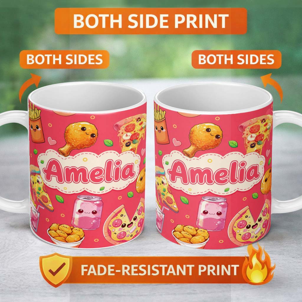 Personalized Custom Name Cute Kawaii Fast Food Pattern with Pizza Fries Chicken Soda Red 11oz Ceramic Coffee Tea Mug White Large Handle