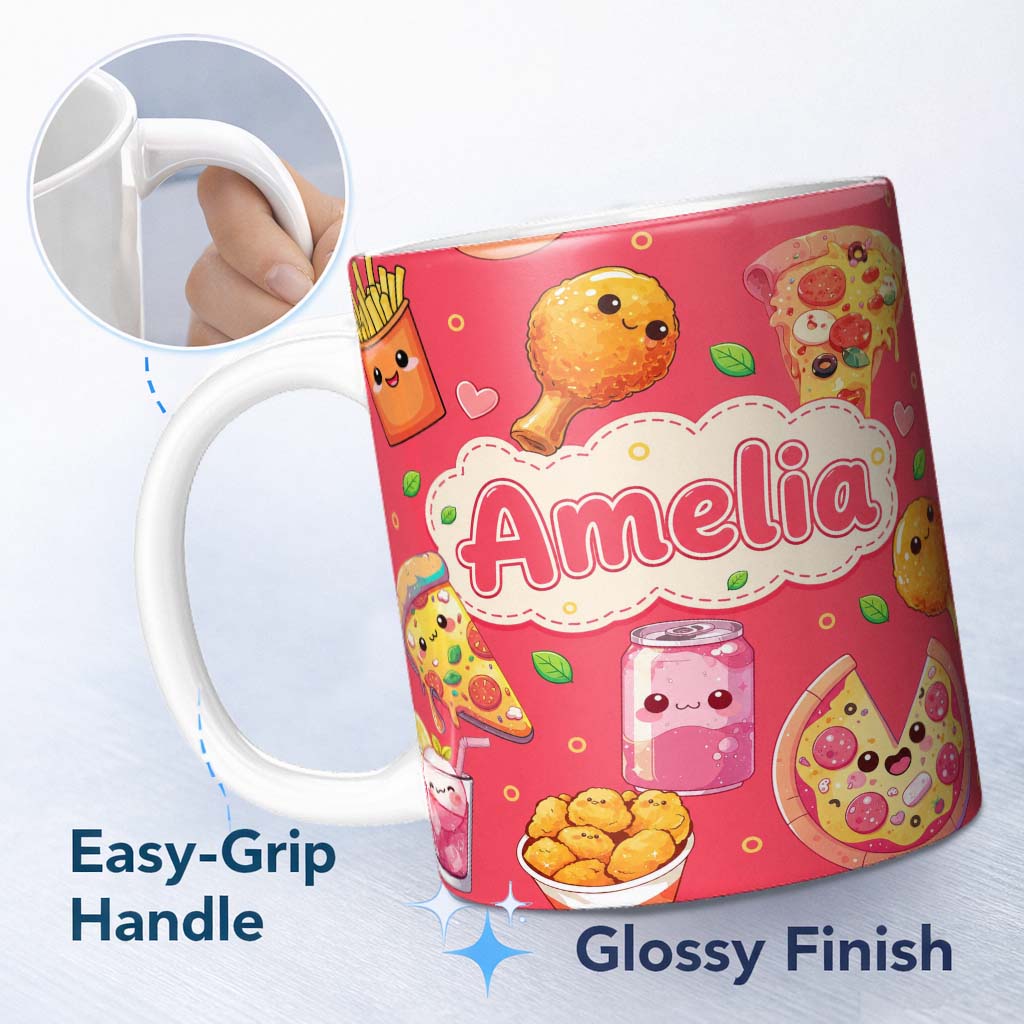 Personalized Custom Name Cute Kawaii Fast Food Pattern with Pizza Fries Chicken Soda Red 11oz Ceramic Coffee Tea Mug White Large Handle