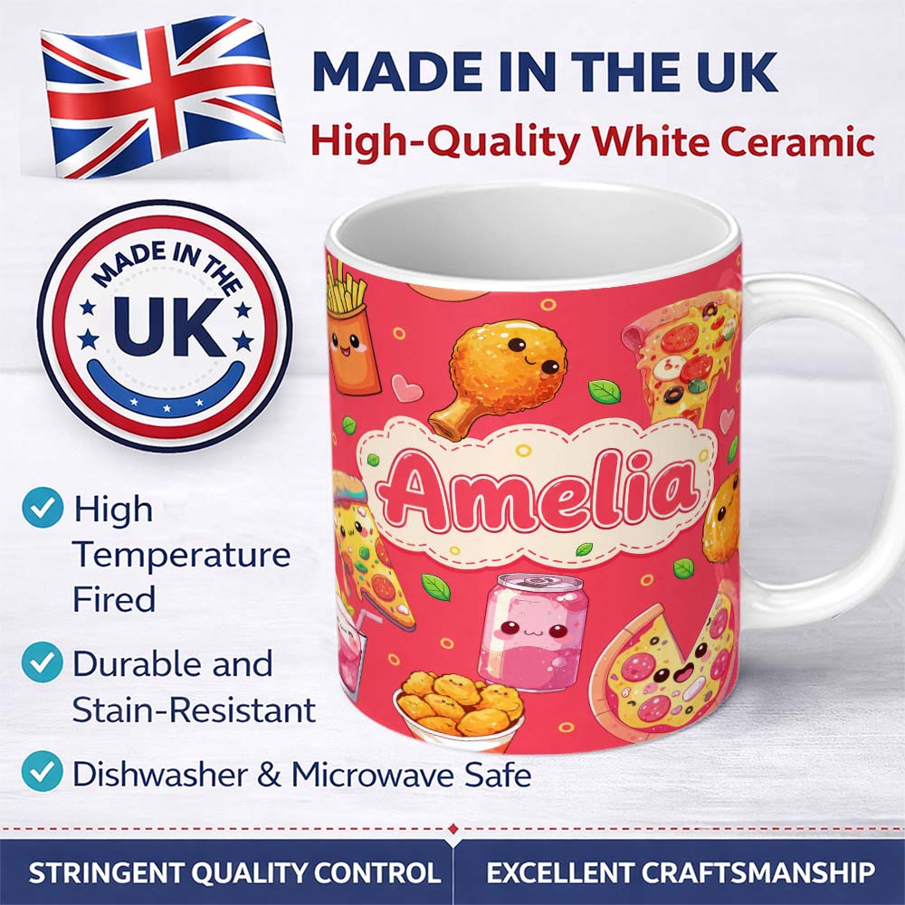 Personalized Custom Name Cute Kawaii Fast Food Pattern with Pizza Fries Chicken Soda Red 11oz Ceramic Coffee Tea Mug White Large Handle